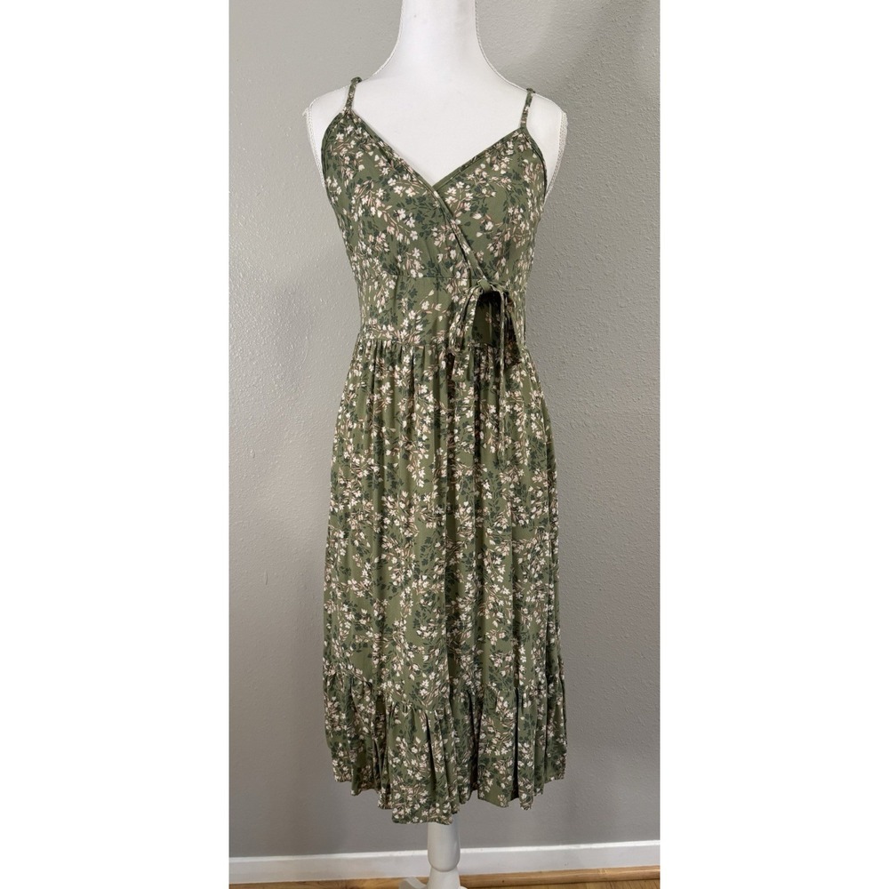 Cottagecore‎ Boho Ditsy Floral Smocked Midi Dress Sage Green Ruffle Sundres S